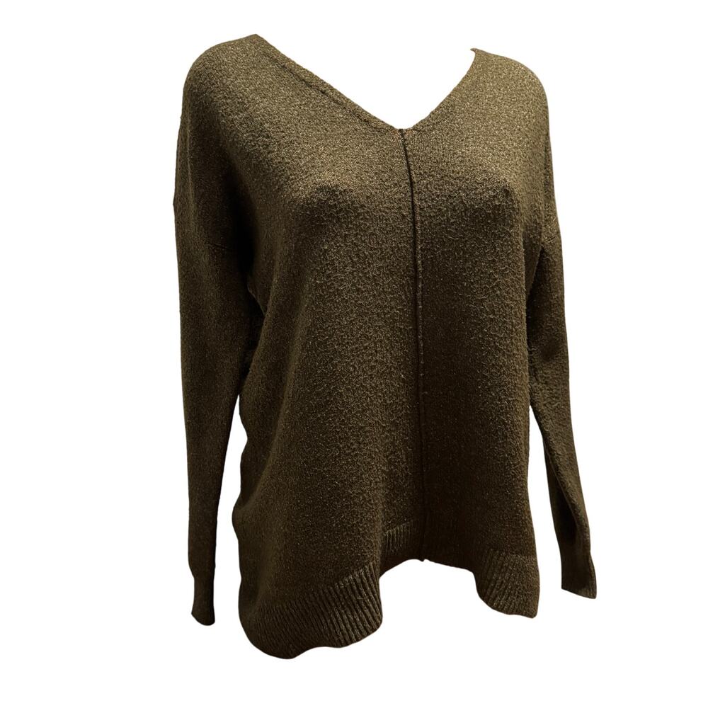 Womens Slouchy V-Neck Boucle Knit Sweater Olive Green Drop Shoulder Tunic Top